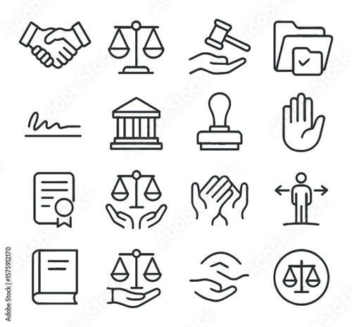 Legal & Ethics line art icons. contract handshake, balance scales, gavel and hand, legal folder, signature icon, court building, notary stamp, oath hand, certified document, trust