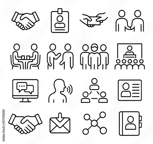 Business Networking line art icons. handshake icon, name badge, business card handoff, meet and greet, coffee chat, elevator pitch, group photo symbol, conference hall, online