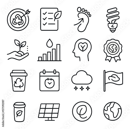 Environmental Actions line art icons. recycling target, eco checklist, carbon footprint goal, energy-saving icon, tree planting tracker, water usage chart, green habit goal,