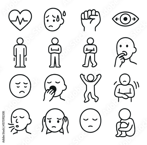 Body cues line art icons. heart rate, sweating, clenched fist, eye movement, stiff posture, crossed arms, pacing feet, biting nails, frown, yawning, jumping, hand flapping, deep