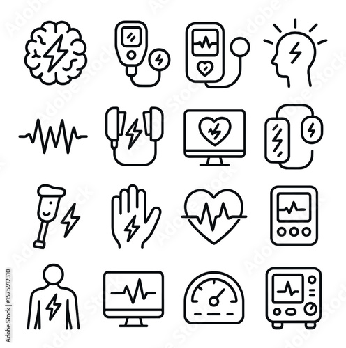 Medical and therapy line art icons. nerve bolt, electric therapy, pulse treatment, neuro signal, EMG wave, defibrillator icon, energy monitor, electro patch, stimulation icon,