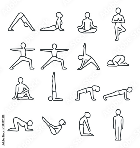 Yoga poses line art icons. downward dog, cobra pose, lotus pose, tree pose, warrior I, warrior II, triangle pose, child’s pose, seated twist, bridge pose, headstand, plank, cat-cow
