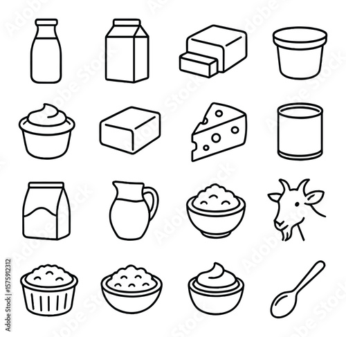 Dairy ingredients line art icons. milk bottle, heavy cream carton, butter stick, yogurt tub, sour cream cup, cream cheese block, cheese wedge, condensed milk can, powdered milk bag