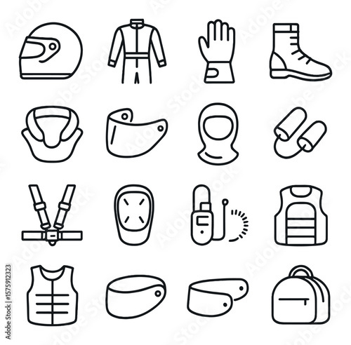 Driver gear line art icons. racing helmet, fireproof suit, gloves, racing boots, neck brace, visor shield, balaclava, earplugs, seatbelt harness, knee pads, radio earpiece, suit