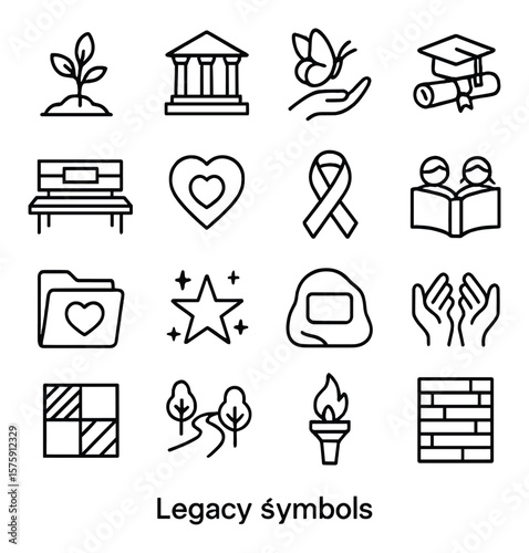Legacy symbols line art icons. planted tree, foundation logo, butterfly release, scholarship icon, named bench, heart badge, awareness ribbon, children’s book, nonprofit folder,