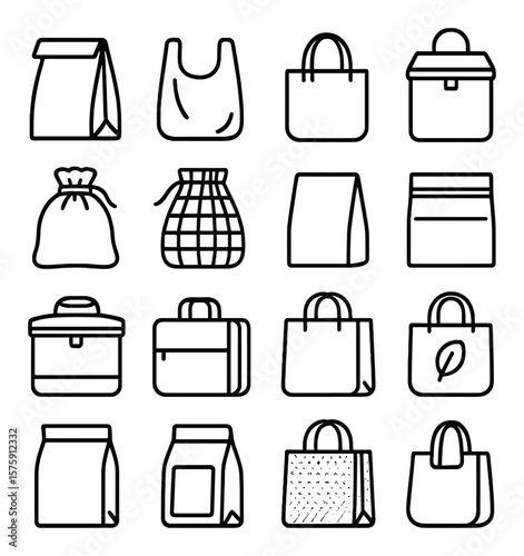 Food bag types line art icons. paper lunch bag, plastic grocery bag, canvas tote, thermal bag, drawstring food pouch, mesh produce bag, kraft paper bag, resealable snack bag,