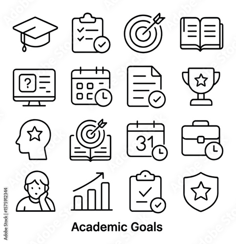 Academic Goals line art icons. graduation cap, study plan, test goal, learning book, quiz result, class schedule, homework checklist, school trophy, subject mastery, reading target