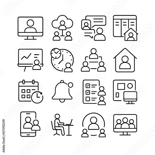 Remote Teams line art icons. video call, shared cloud, online chat, task board, digital whiteboard, timezone icon, laptop group, remote avatar, calendar sync, notification bell,