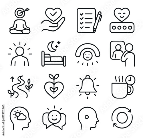 Wellness & Mindset line art icons. meditation goal, self-care checklist, journaling icon, gratitude tracker, stress relief plan, sleep target, mood meter, reflection icon, wellness