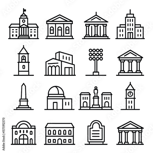 City landmarks and icons line art icons. city hall, public library, museum icon, civic center, bell tower, cultural plaza, stadium lights, courthouse, monument base, observatory