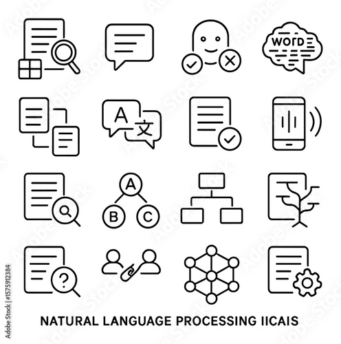 Natural Language Processing line art icons. text analysis icon, chatbot text, sentiment analysis, word cloud, tokenization, language translation, grammar check, speech-to-text,