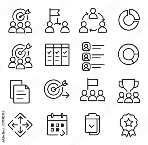 Team Projects line art icons. group goal icon, shared milestone, team workflow, collaboration chart, unified target, task board, checklist with avatars, goal progress ring, shared