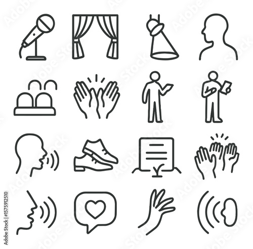 Performance poetry line art icons. open mic, stage curtain, spotlight beam, performer silhouette, audience seats, applause hands, sound wave, standing poet, spoken word icon,