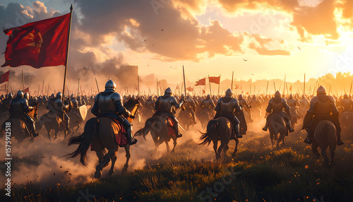 A vast army of medieval knights on horseback, adorned in shining armor, charges across a dusty battlefield under a dramatic sunset sky