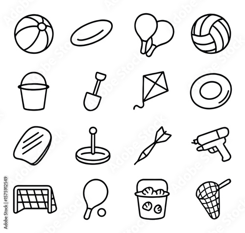 Beach games line art icons. beach ball, frisbee, paddle ball set, volleyball, sand bucket, shovel, kite, inflatable ring, boogie board, ring toss, beach darts, water gun, mini