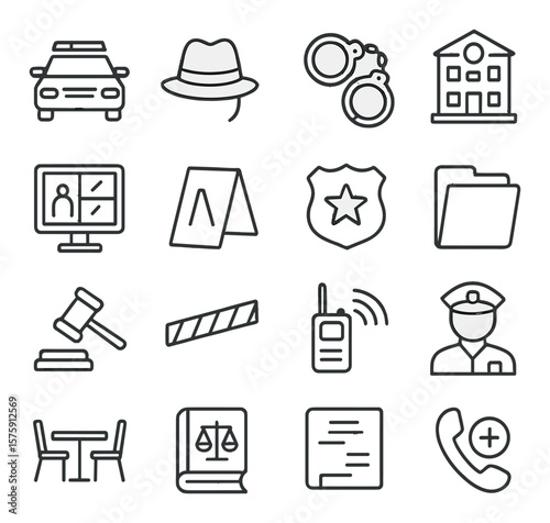 Law enforcement line art icons. police car, detective hat, handcuffs, station building, surveillance screen, evidence marker, duty badge, case file, court gavel, warning tape,