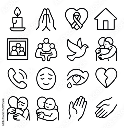 Family and hope symbols line art icons. candle light, folded hands, heart with ribbon, home icon, family photo, support group, hope symbol, holding hands, broken heart, memory