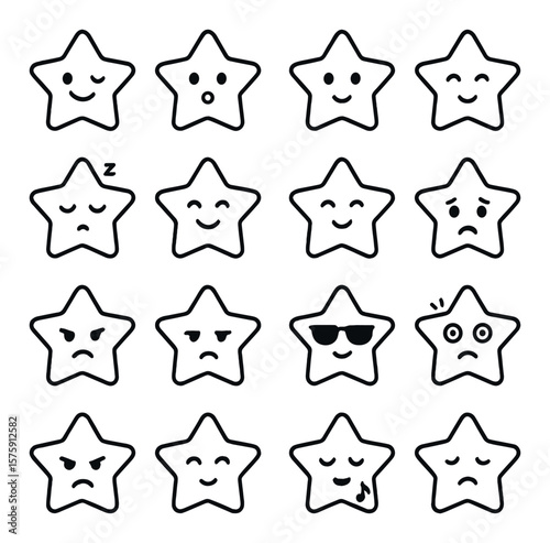 Star Emotions line art icons. happy star, sad star, surprised star, shy star, sleeping star, winking star, blushing star, crying star, laughing star, tired star, cool star with