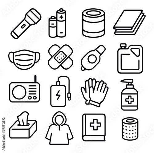 Emergency aid line art icons. flashlight, batteries, canned food, emergency blanket, medical mask, bandages, whistle, water jug, radio, power bank, gloves, antiseptic, hygiene