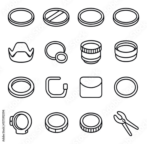 Lens accessories line art icons. UV filter, polarizing filter, ND filter, step-up ring, step-down ring, lens hood, lens cap leash, extension tube, teleconverter, reverse mount ring