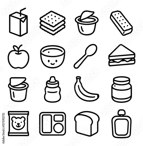 Child-friendly items line art icons. juice box, crackers, fruit cup, granola bar, small apple, cartoon bowl, plastic spoon, mini sandwich, yogurt cup, sippy bottle, banana, baby