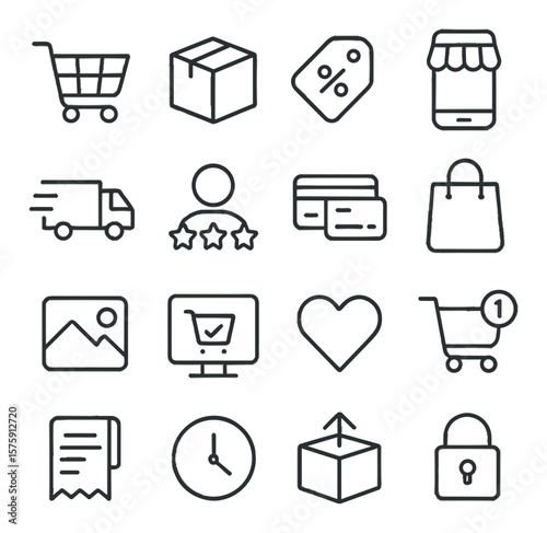 Ecommerce elements line art icons. shopping cart, product box, discount tag, mobile app, delivery truck, customer review, payment method, shopping bag, product image, checkout icon