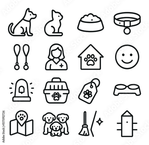 Community pets line art icons. neighborhood dog, village cat, feeding bowl, pet collar, shared leash, common vet, pet shelter, friendly face, doorbell icon, community crate, pet