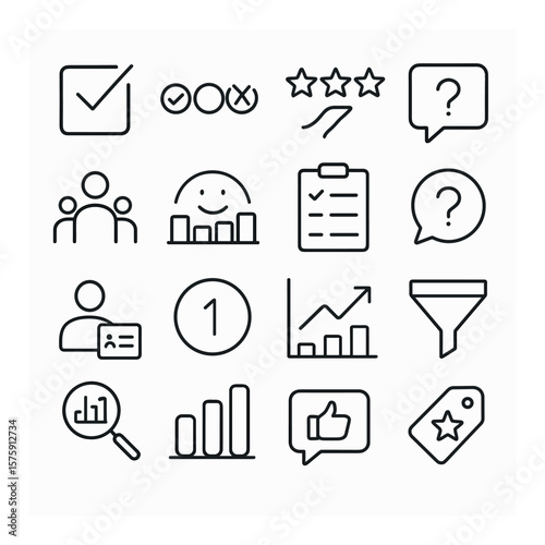 Survey & Feedback Data line art icons. checkbox icon, Likert scale, rating stars, comment box, demographic icon, satisfaction chart, survey form, question bubble, user input icon,
