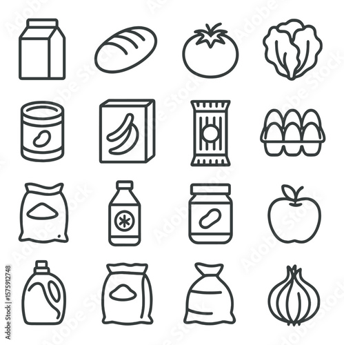 Grocery bag contents line art icons. milk carton, bread loaf, tomato, lettuce, canned beans, cereal box, pasta, eggs carton, bananas, rice bag, orange juice, peanut butter jar,