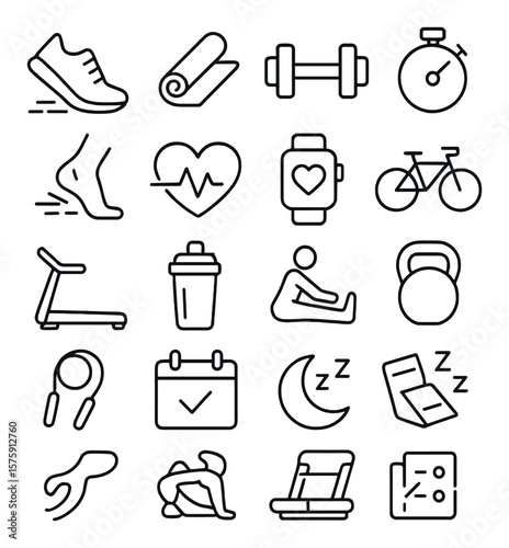 Fitness Tracker line art icons. running shoe, yoga mat, dumbbell, stopwatch, step counter, heart rate, fitness watch, bike, treadmill, protein shake, stretching, kettlebell, jump