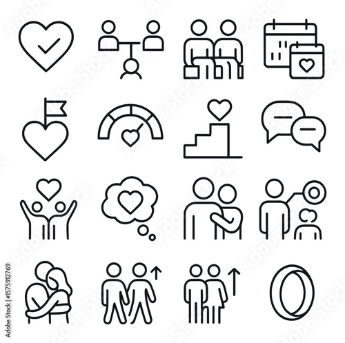 Relationship Goals line art icons. heart with check, connection chart, quality time icon, date plan, mutual goal icon, trust meter, love milestone, communication tracker, support