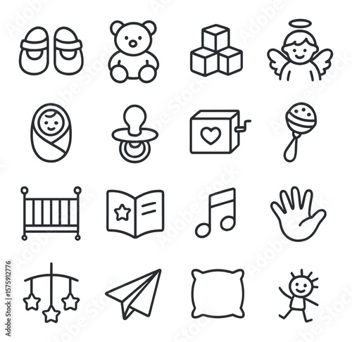 Child symbols line art icons. tiny shoes, teddy bear, toy blocks, angel child, baby blanket, pacifier, music box, rattle, crib, storybook, lullaby note, baby handprint, star mobile