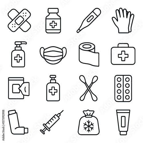 Healthcare donation line art icons. bandages, medicine bottle, thermometer, gloves, hand sanitizer, face mask, gauze roll, first aid box, medical wipes, antiseptic bottle, cotton