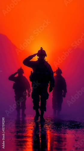 Soldiers saluting at sunset in a misty landscape with vibrant orange and purple hues