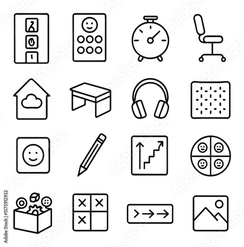 Classroom supports line art icons. visual schedule, token chart, timer, sensory chair, quiet corner, desk divider, headphones, weighted lap pad, calm card, pencil grip, behavior