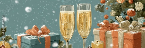 Festive celebration with champagne glasses and beautifully wrapped gifts set against a winter background