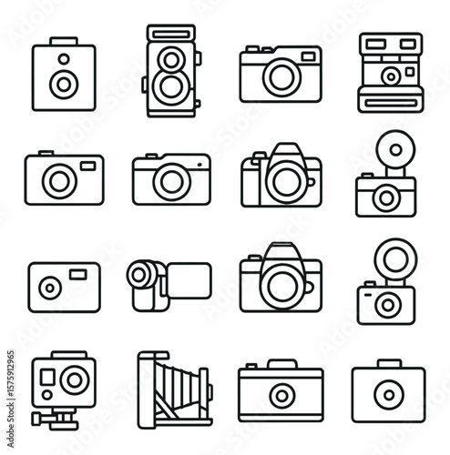 Cameras by decade line art icons. box camera, twin-lens reflex, rangefinder, Polaroid, early digital camera, compact film camera, early DSLR, folding camera, spy camera, 2000s