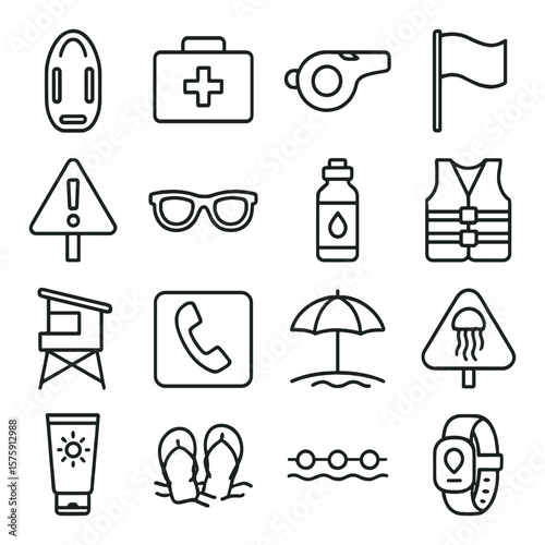 Beach safety line art icons. lifeguard float, first aid kit, whistle, safety flag, warning sign, sunglasses, hydration bottle, life vest, lifeguard stand, emergency phone, shaded