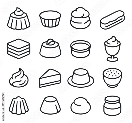 Classic creamy desserts line art icons. vanilla pudding, custard tart, cream puff, eclair, tiramisu, panna cotta, crème brûlée, mousse cup, whipped cream swirl, cheesecake slice,