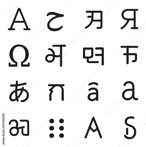 World languages line art icons. Latin script, Arabic calligraphy, Chinese character, Cyrillic letter, Greek letter, Devanagari glyph, Hebrew script, Korean Hangul, Japanese