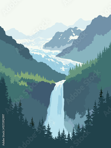 Franz Josef Glacier, New Zealand – glacier descending through rainforest in glacier blue, moss green, and fog gray