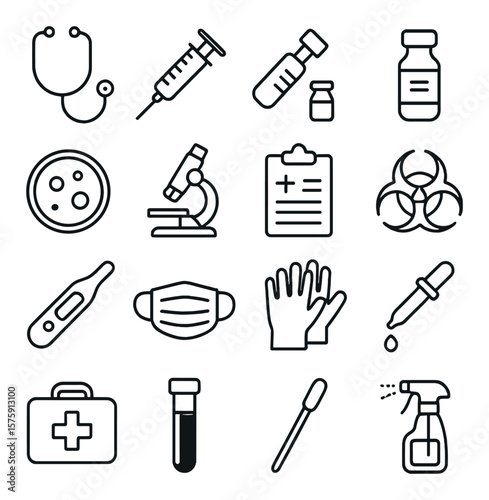 Medical equipment line art icons. stethoscope, syringe, vaccine vial, test tube, petri dish, microscope, medical chart, biohazard symbol, thermometer, face mask, medical gloves,