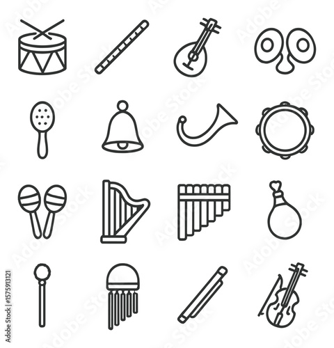 Traditional instruments line art icons. drum, flute, string lute, hand cymbals, shaker, bell, horn, tambourine, maracas, folk harp, pipes, gourd rattle, ceremonial drumstick, chime