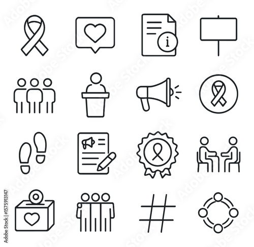 Awareness and advocacy line art icons. awareness ribbon, social media icon, info flyer, banner sign, community group, public speaker, megaphone, campaign pin, memorial walk, press