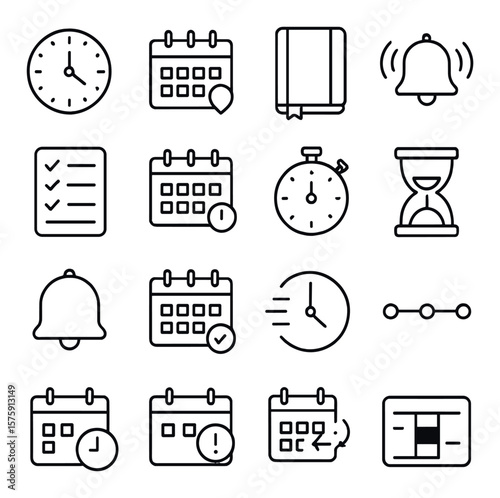 Time management line art icons. wall clock, desk calendar, planner book, alarm bell, to-do list, deadline marker, stopwatch, hourglass, reminder icon, scheduled task, time slot,