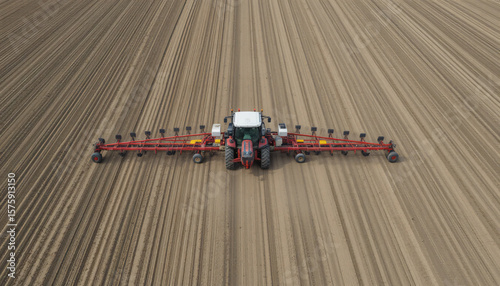 Aerial view of a tractor seeding a vast, precisely tilled field. Represents modern agriculture, efficiency, and large-scale food production