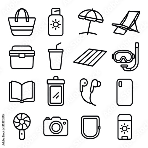 Beach accessories line art icons. beach bag, sunscreen bottle, beach umbrella, beach chair, cooler box, drink tumbler, beach mat, snorkel, goggles, beach book, waterproof pouch,