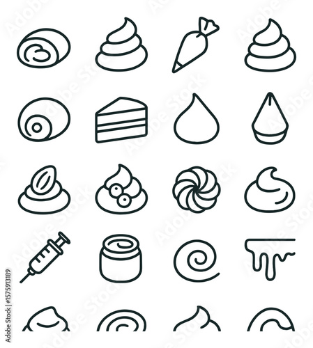 Bakery fillings line art icons. custard filling, cream swirl, pastry bag, whipped topping, creamy center, frosting layer, ganache dollop, cream piping tip, almond cream, vanilla