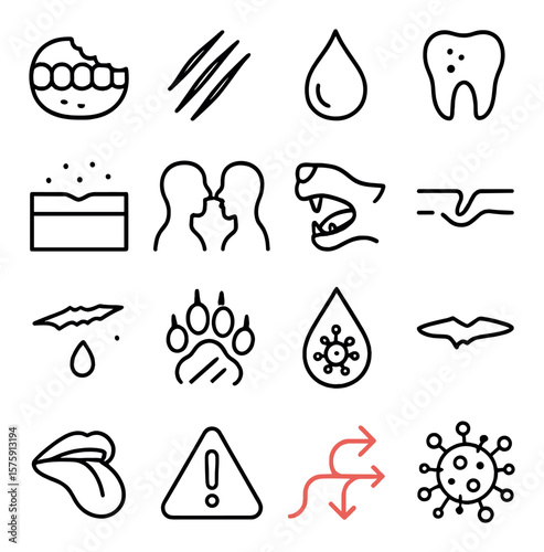 Transmission icons line art icons. bite mark, scratch wound, saliva droplet, infected tooth, exposed skin, contact icon, animal mouth, broken skin, bleeding wound, paw with scratch