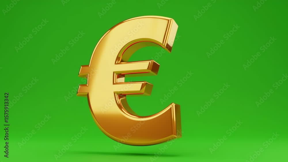 Animation of a golden euro symbol on a green screen, transparent background, representing european finance, banking, investment, currency exchange and economic growth or decline